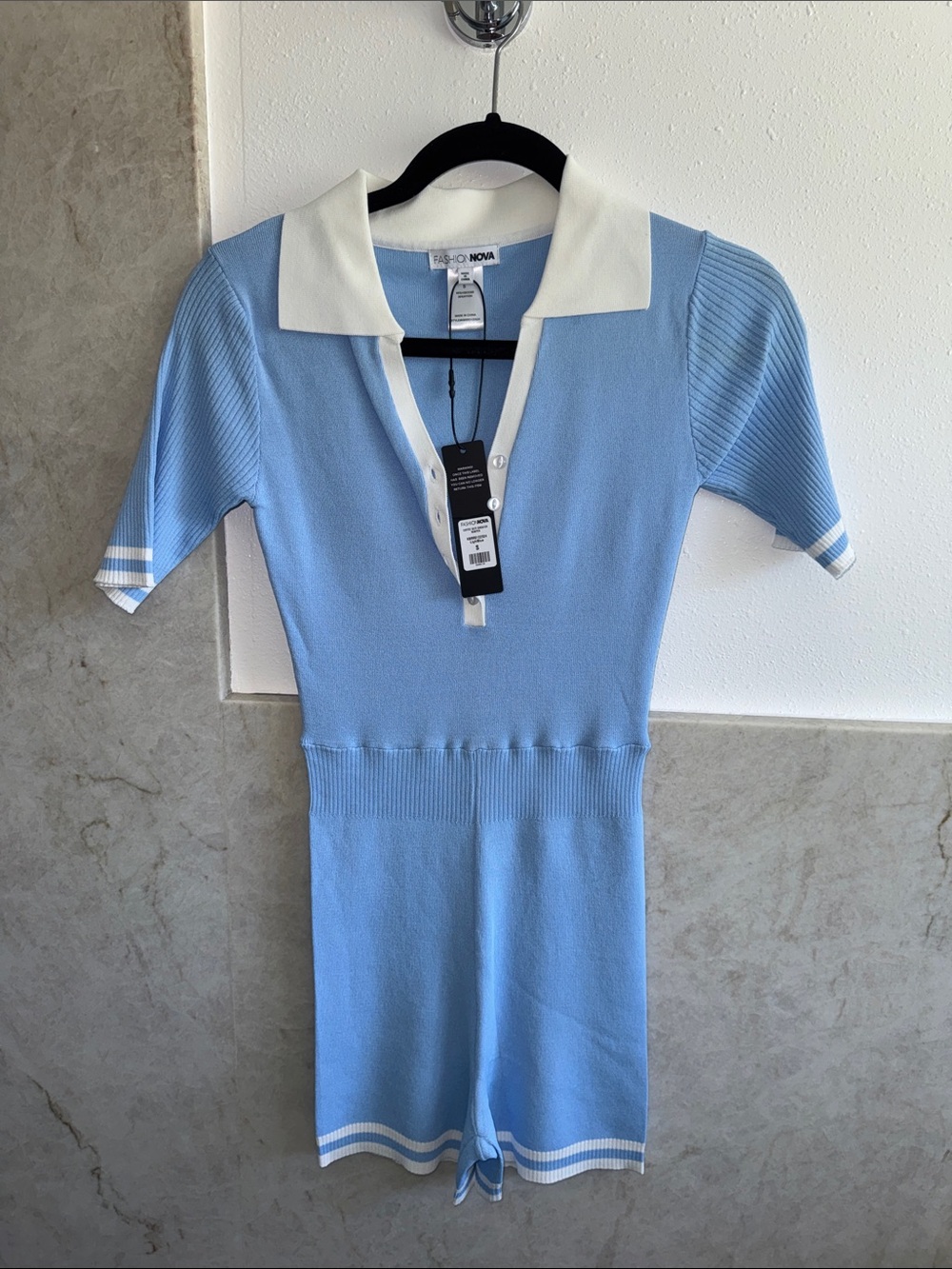 Fashion Nova Baby Blue Polo Knit romper with White Trim